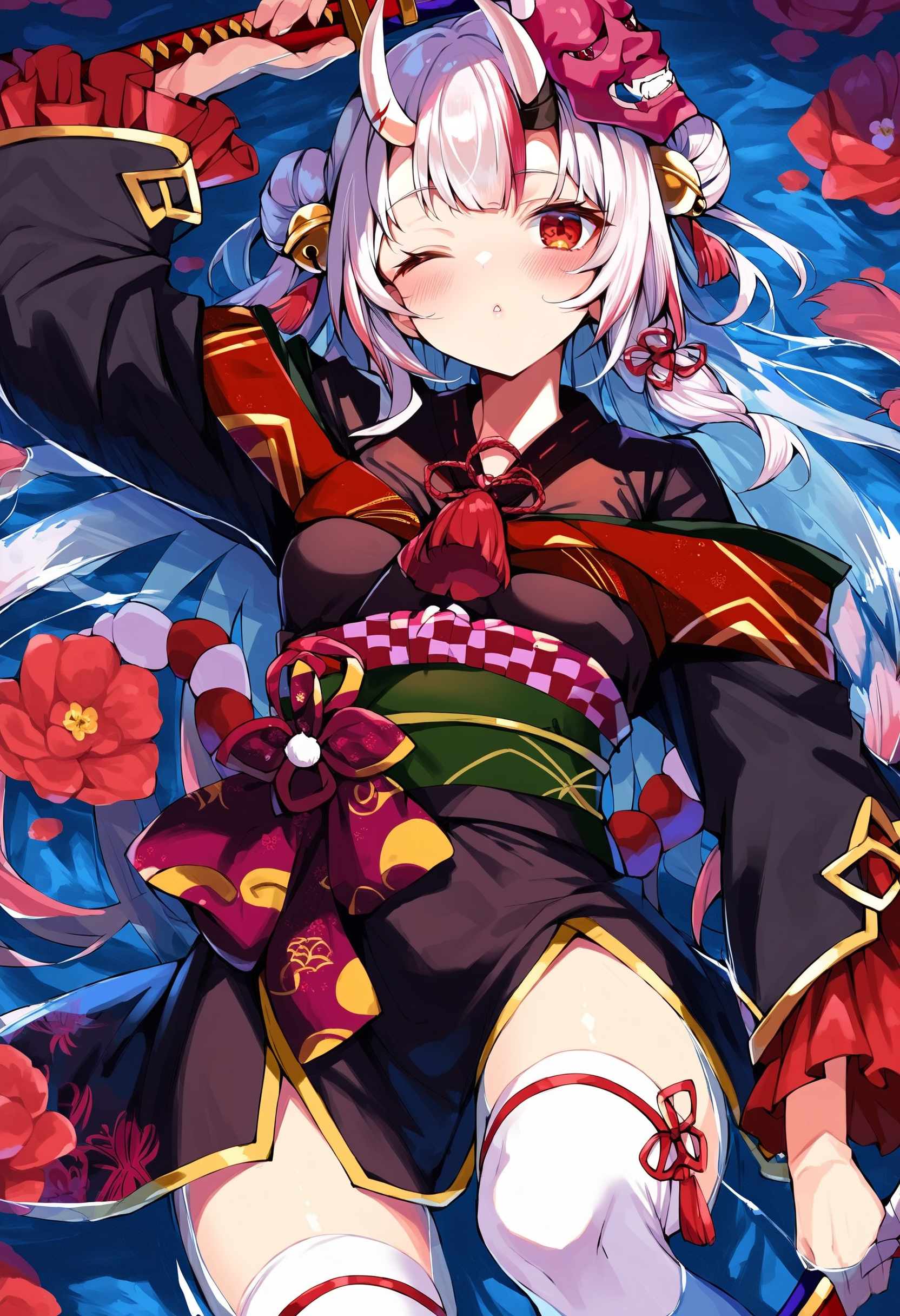 score_9, score_8_up, score_7_up, score_6_up, source anime,
nakiri ayame, nakiri ayame base, 1girl, sword, solo, skin-covered horns, weapon, thighhighs, spider lily, long hair, japanese clothes, one eye closed, flower, white thighhighs, holding, lying, katana, looking at viewer, kimono, water, bell, on back, hair ornament, hair bun, holding flower, obi, blush, sash, oni, oni mask on head, parted lips, tassel, partially submerged, holding sword, hair bell, holding weapon, black kimono, red flower, double bun
<lora:nakiri_ayame_v1:1>