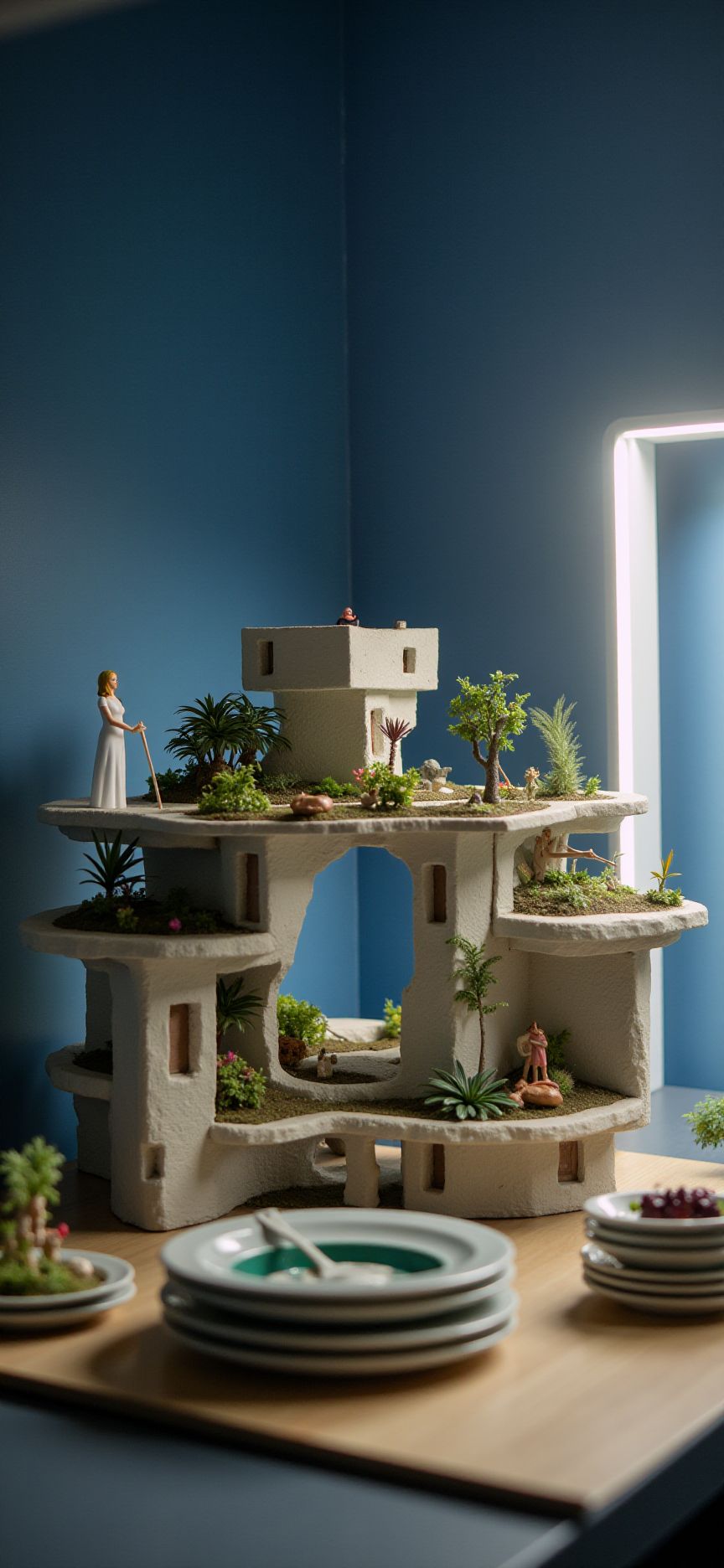 ( study,indoor,tilt-shift lens:1.8), (miniature,diorama,die-cast,PVC,plastic:2) of (stasis _chamber:1.5), gradation,(starry night,summer:1.3),  (apartment complex:2) (in wide  plates:1.3) (on  table:1.3) <lora:JJsApartment_Flux:0.7>