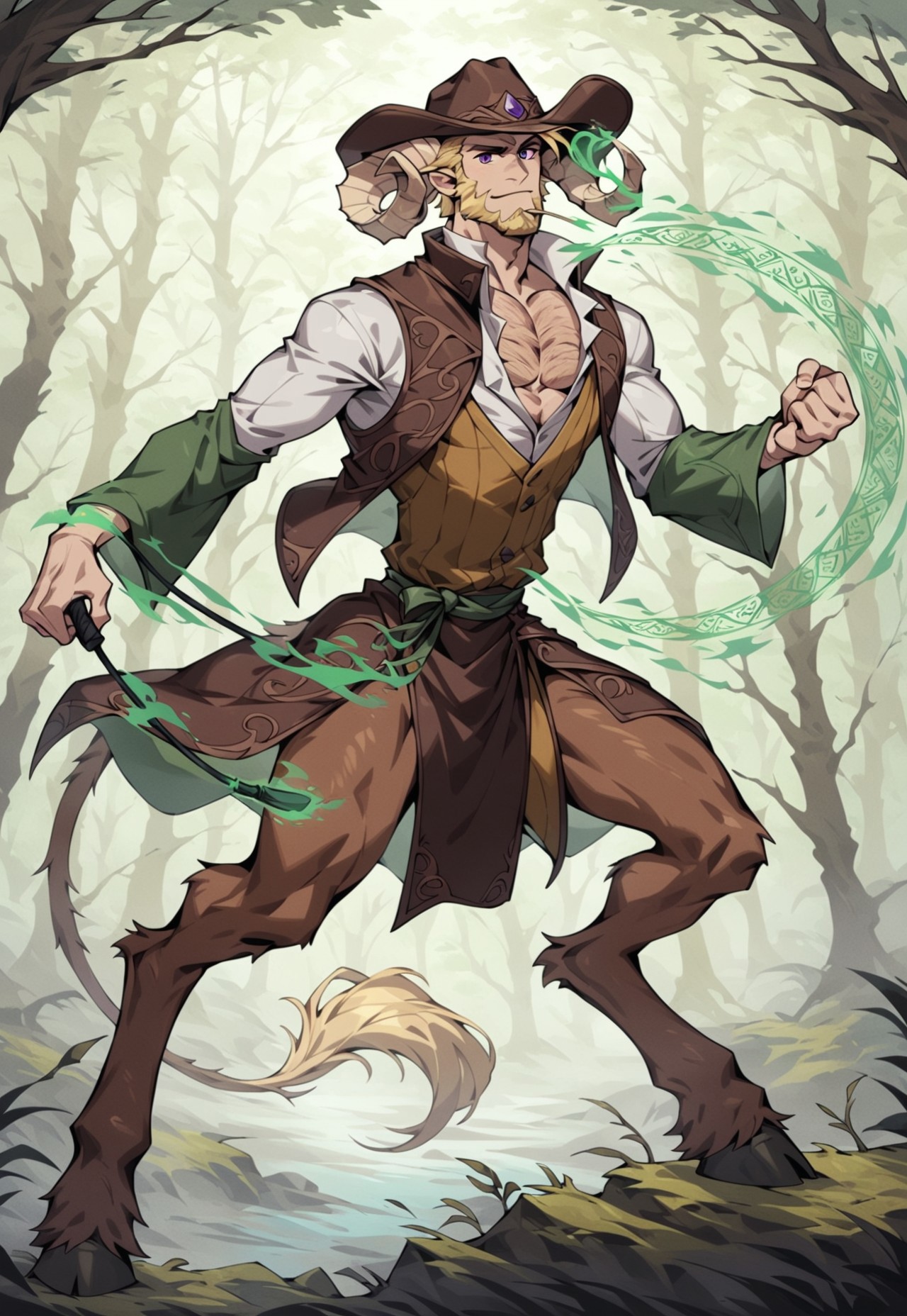 safe_pos, score_9_up, score_8_up, score_7_up, 1man, solo, extremely handsome, satyr, faun, (((long curved ivory ram horns, ram horns))), 30yo, male focus, manly, dark royal purple eyes, <lora:PerfectEyesXL:1.0> perfecteyes, slight smirk, mouth closed, ((short straw blonde hair, short blonde chinstrap beard,)), light caucasian skin, very masculine human face with deep lines and creases, long animal nose, strong jawline with high strong cheekbones, chiseled chin, thin lean frame, slim lean body, light hairy arms, thick ram legs, hooves, ((1 lion tail with yellow tuft at end)), long goat ears, fur on legs, tan brown fur, (((country style clothing, high collar, wearing long dark green and dark brown robes with long wide sleeves, billowing dark green and dark brown robes, flowing dark green and dark brown robes, vested shirt under robes))), ((((dark green long wide oversized wizard sleeves)))), (((((wild west outlaws style, brown leather, wearing long dark brown vest,))))), ((((wearing dark brown large wide-brimmed cowboy hat,)))), cowboy, long flowing forest green loincloth of leaves, full body, tree roots, cinematic lighting, sunlit hazy woods of giant tree trunks with sunbeams, foggy sunlit forest of giant trees, ((action shot, right hand gripping long single strand thick green cord whip whipping across ground, whipping ground, dragging across ground)), ((left hand casting spell, rune magic, green magic spell)), charging, leaning forward, chest cleavage, short untucked shirt