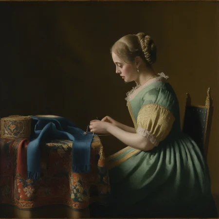 a painting of a woman sewing a dress <lora:JohannesVermeerXL_v1:1>