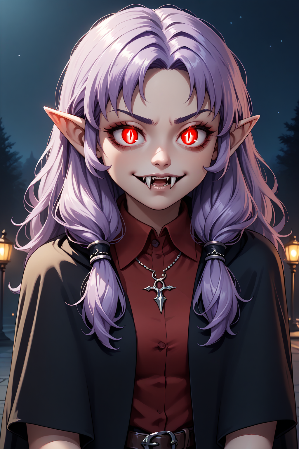 score_9, score_8_up, score_7_up BREAK 1girl, solo,  <lora:NSFlorinaFE7:1> NSFlorinaMisc, light purple hair, long hair, parted bangs, low-tied sidelocks, vampire, fangs, red eyes, evil face, black cloak, red collared shirt, black pants, necklace, night, glowing eyes, pointy ears