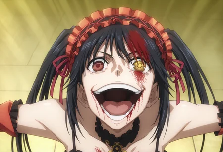 score_9, score_8_up, score_7_up, source_anime,
BREAK
<lora:shigojoenV1:1>, gojoendef, crazy eyes, crazy smile,
looking at viewer, smile, open mouth, upper body, teeth, tongue, blood, outstretched arms, blood on face, blood on clothes,
1girl, solo, anime screencap, anime coloring,
<lora:shiKurumiV2:1> kurdef, long hair, black hair, twintails, red eyes, yellow eyes, clock eyes,hairband, heterochromia, bare shoulders, detached sleeves, choker, red dress, cleavage, bow,