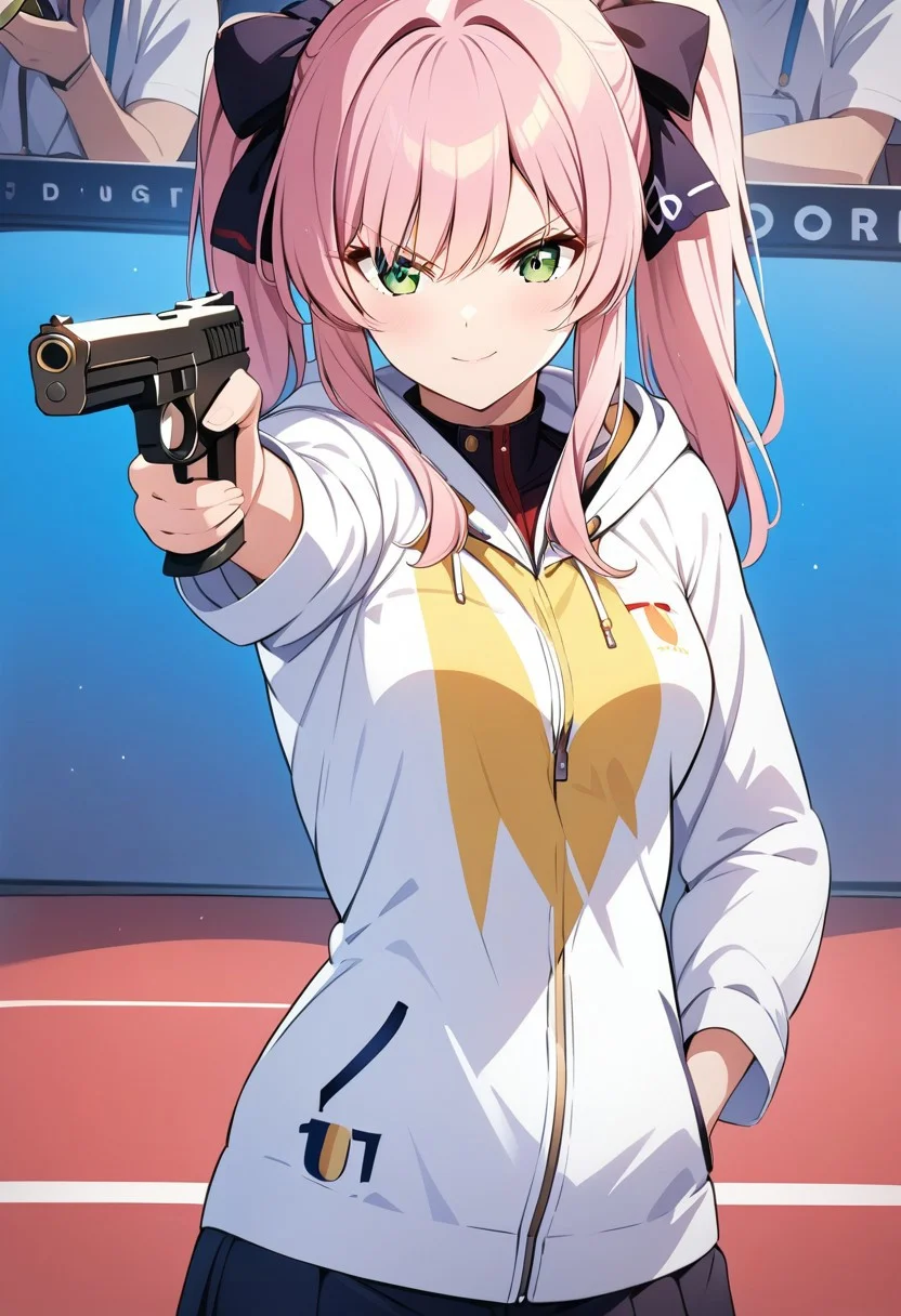 masterpiece, best quality, anime girl, Turkish Killer Pose, holding banana, LOOKING AT banana, AIMING