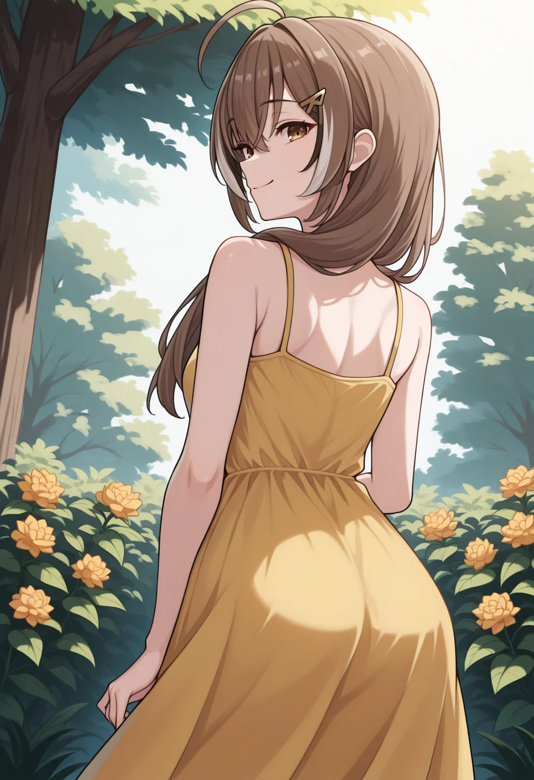masterpiece, best quality, 1girl, solo, N4nashiMum3i, brown eyes, brown hair, long hair, streaked sidelocks, ahoge, hairclip, from behind, hair over shoulder, looking back, smile, yellow sundress, sleeveless, back, outdoors, garden, plant, flower, tree, cowboy shot, dutch angle, wide shot, <lora:ChamNanashiMumeiIllustriousXL:1>