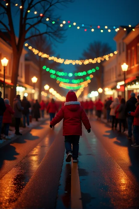 Cinematic style, <lora:Sinfully_Stylish_.02_for_FLUX:1> A small-town Christmas parade, colorful lights, festive decorations, a happy crowd cheeringâââ