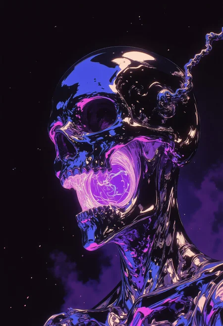 Hyper-realistic digital chrome art of a silver-colored skull with a subtle tint of deep purple, its mouth wide open, and its eye sockets dark and hollow. The smooth, reflective surface of the skull captures and distorts ambient light in cinematic ways, creating dynamic highlights and shadows across its polished contours. Resting inside the skull's open mouth is a glowing purple orb, pulsing with an ethereal glow. The orb casts surreal light that contrasts with the skull’s cold metallic finish, creating a striking reflection across its surface. The background is a vantablack void with a subtle purple tint, enhancing the surreal and eerie atmosphere, and emphasizing the glowing orb and chrome skull. Shadows deepen around the skull, adding depth and dimension to the piece. A futuristic metallic blue and silver mask subtly reflects the purple light from the orb, blending into the skull's structure. Cinematic lighting brings sharp contrasts and brilliant highlights, ensuring HD-level detail and a perfect balance of light and shadow. This results in a captivating, surreal composition, with glitchy, abstract elements adding to the psychological and neon fantasy atmosphere.