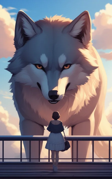 score_9, score_8_up, score_7_up, score_6_up, BREAK
CONCEPT_Oversized_Animal_ownwaifu,
oversized animal, gray_wolf,
1girl, outdoors, cloud, standing, sky, from behind, day,
<lora:PONYXL_CONCEPT_Oversized_Animal_ownwaifu:1> , depth of field
,