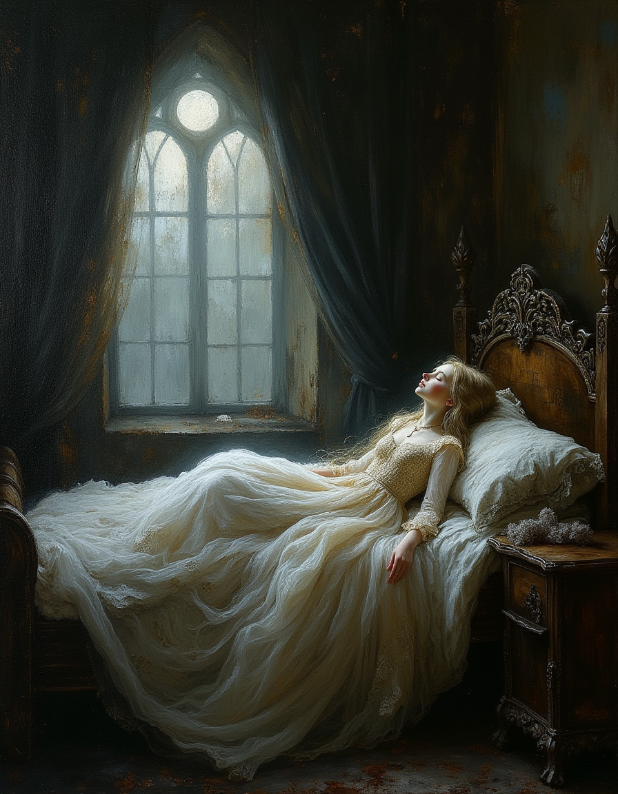 An ultra-detailed, portrait oil painting of an old medieval castle dusty room with a young teen princess wearing ornate gown serenely asleep on top of the sheets on a bed. The room looks like nobody has been in it for 100 years, it is very dusty. The princess has white skin and long pale blond hair that fans around her sleep form. Her gown embellished with intricate patterns and delicate embroidery. The bed frame is crafted from dark, polished wood with delicate carvings, the sheets are ornate and the air is filled with an aura of magic. Soft, cool moonlight filters in through a large arched window, casting a gentle, ethereal glow around the room. The room is adorned with ancient tapestries, luxurious velvet drapes, and antique furnishings, creating a timeless, enchanted atmosphere.
Masterful oil painting, oil on canvas, Focus on the girl, shadow and light, Masterpiece, intricate lines, intriguing atmosphere, sharp magnificent details, delicate features, elaborate details, (2\3 rule composition:0.5), ultra detailed, romantic, Rembrandt lighting, brush stroke, lovely, novuschroma, in the style of Rembrandt. vantablack <lora:style_of_Rembrandt_FLUX_135:.8> <lora:- Flux1 - vanta_black_V2.0:.6> <lora:neeeg_f1:-1> <lora:113_novuschromaFLX_1:.2>