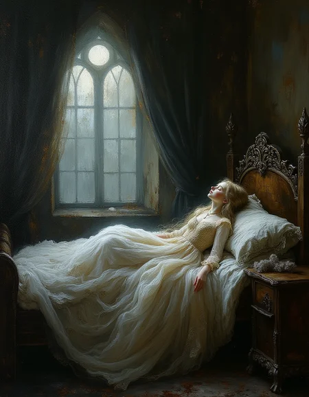 An ultra-detailed, portrait oil painting of an old medieval castle dusty room with a young teen princess wearing ornate gown serenely asleep on top of the sheets on a bed. The room looks like nobody has been in it for 100 years, it is very dusty. The princess has white skin and long pale blond hair that fans around her sleep form. Her gown embellished with intricate patterns and delicate embroidery. The bed frame is crafted from dark, polished wood with delicate carvings, the sheets are ornate and the air is filled with an aura of magic. Soft, cool moonlight filters in through a large arched window, casting a gentle, ethereal glow around the room. The room is adorned with ancient tapestries, luxurious velvet drapes, and antique furnishings, creating a timeless, enchanted atmosphere.
Masterful oil painting, oil on canvas, Focus on the girl, shadow and light, Masterpiece, intricate lines, intriguing atmosphere, sharp magnificent details, delicate features, elaborate details, (2\3 rule composition:0.5), ultra detailed, romantic, Rembrandt lighting, brush stroke, lovely, novuschroma, in the style of Rembrandt. vantablack <lora:style_of_Rembrandt_FLUX_135:.8> <lora:- Flux1 - vanta_black_V2.0:.6> <lora:neeeg_f1:-1> <lora:113_novuschromaFLX_1:.2>
