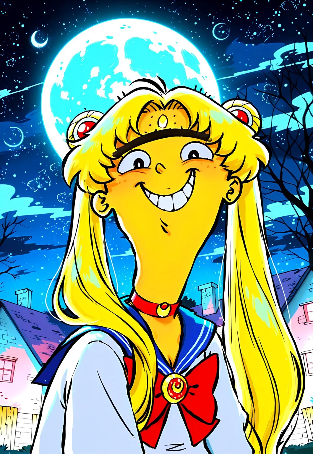 Masterpiece, best quality, absurdres, newest, highly detailed, 8k, 1boy, solo, edboi, mnbrow, unibrow, sailor moon outfit, long blonde twintails, wig, bangs, moon, smiling, detailed background, houses in background,