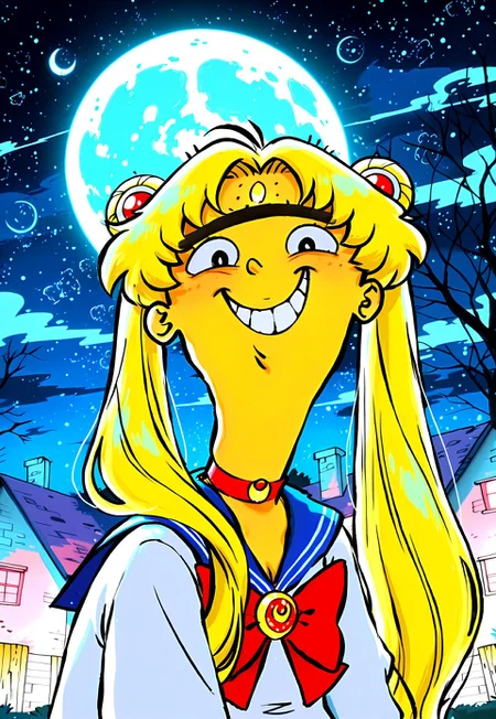 Masterpiece, best quality, absurdres, newest, highly detailed, 8k, 1boy, solo, edboi, mnbrow, unibrow, sailor moon outfit, long blonde twintails, wig, bangs, moon, smiling, detailed background, houses in background,