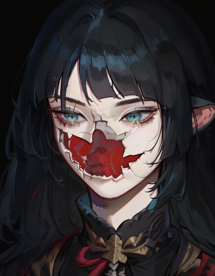 score_9, score_8_up, score_7_up, source_anime, upper body, solo, black background, 1girl, CoverMadrabyNewDad, <lora:CoverMadrabyNewDad:1>, KJOjane, long hair, black hair, aqua eyes, blunt bangs, tail, mouse ears, animal ears, multicolored hair, red colored tips, <lora:Jane_Doe_ZZZ_V2:0.8>