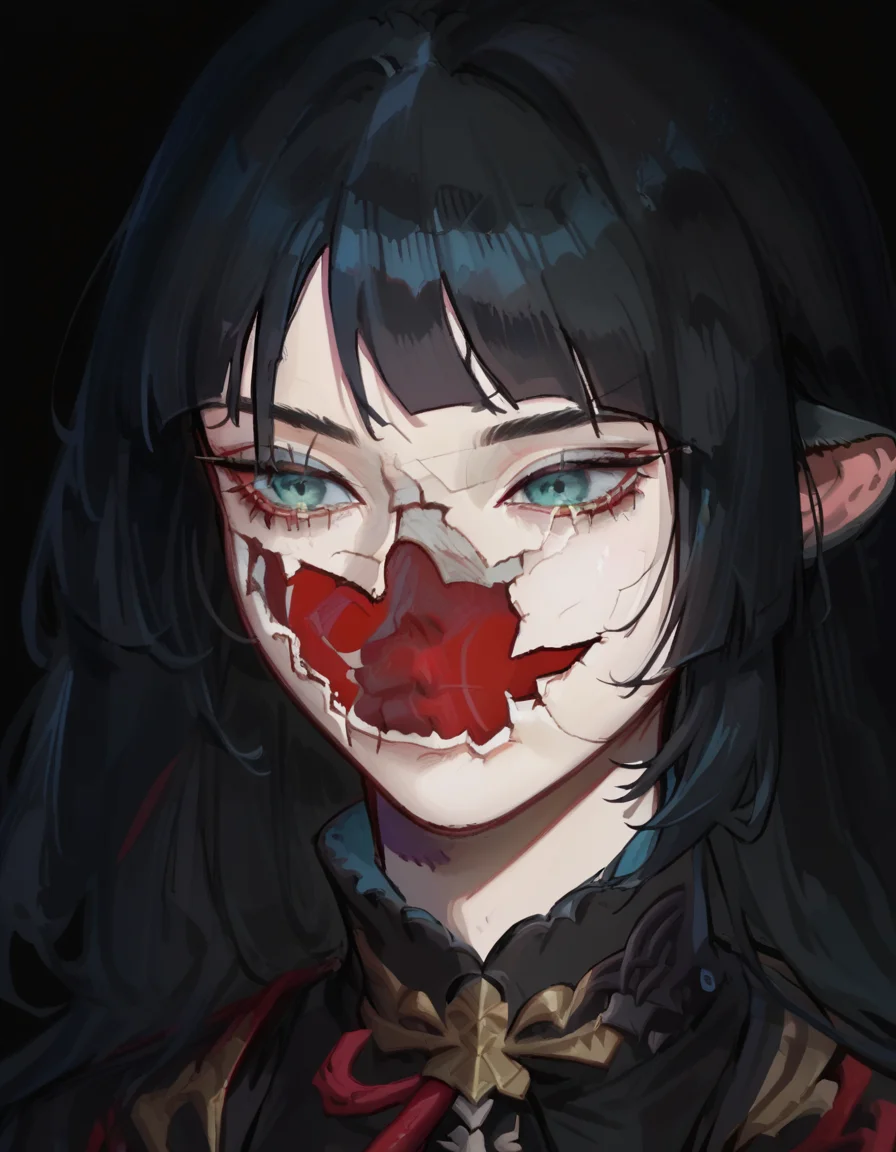 score_9, score_8_up, score_7_up, source_anime, upper body, solo, black background, 1girl, CoverMadrabyNewDad, <lora:CoverMadrabyNewDad:1>, KJOjane, long hair, black hair, aqua eyes, blunt bangs, tail, mouse ears, animal ears, multicolored hair, red colored tips, <lora:Jane_Doe_ZZZ_V2:0.8>