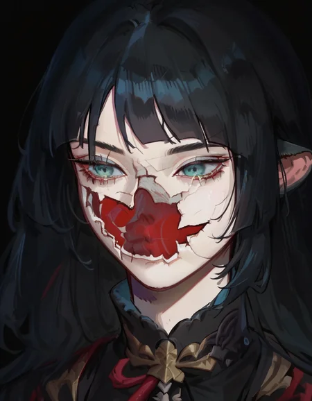 score_9, score_8_up, score_7_up, source_anime, upper body, solo, black background, 1girl, CoverMadrabyNewDad, <lora:CoverMadrabyNewDad:1>, KJOjane, long hair, black hair, aqua eyes, blunt bangs, tail, mouse ears, animal ears, multicolored hair, red colored tips, <lora:Jane_Doe_ZZZ_V2:0.8>