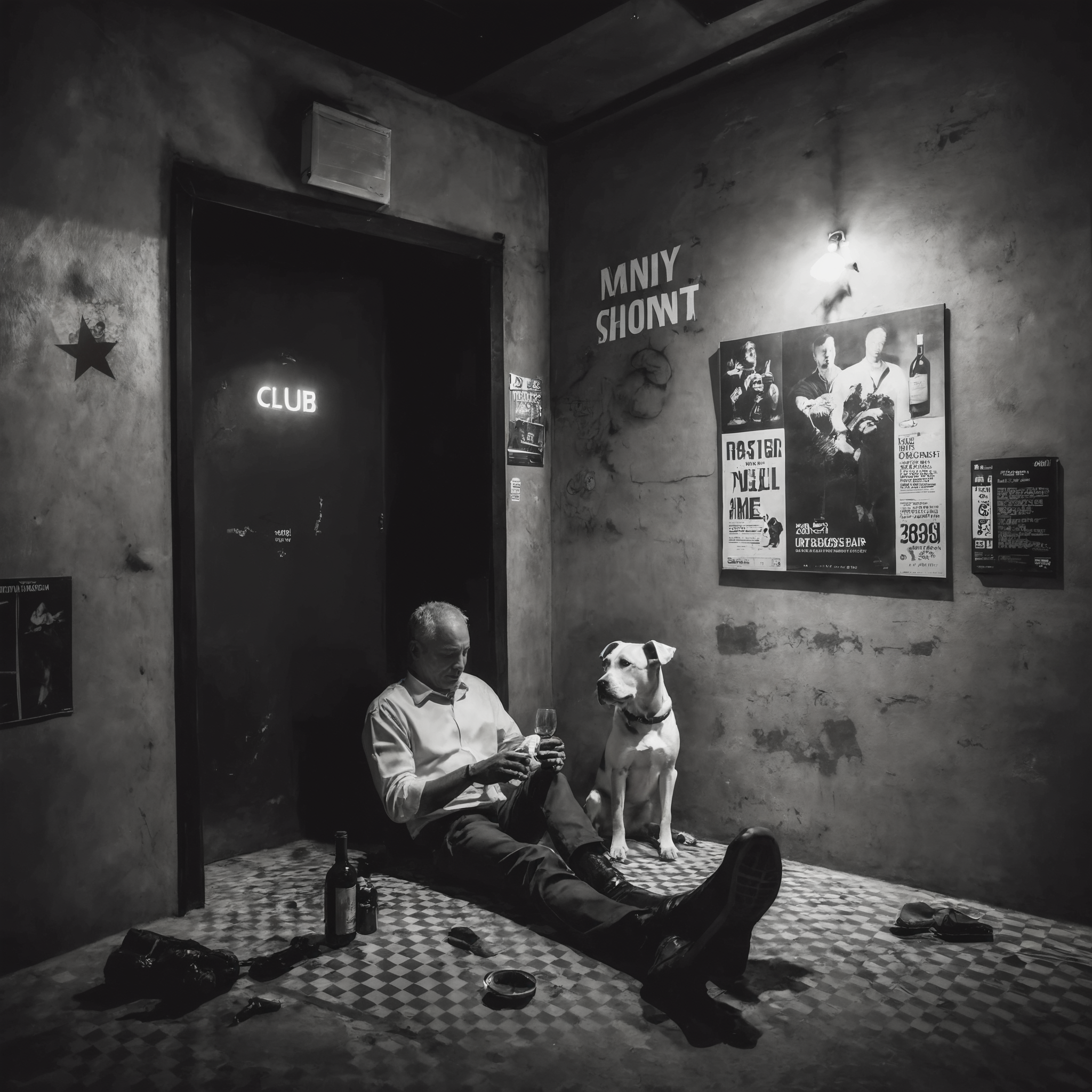 <lora:20240704-1720095833344:0.7>,underground club,( a dog beside the man:1.5),a man sitting in the corner drinking,some broken wine bottles on the ground beside the man,black and white contrast light,immersive atmosphere,star posters on the wall,at the door of the club,