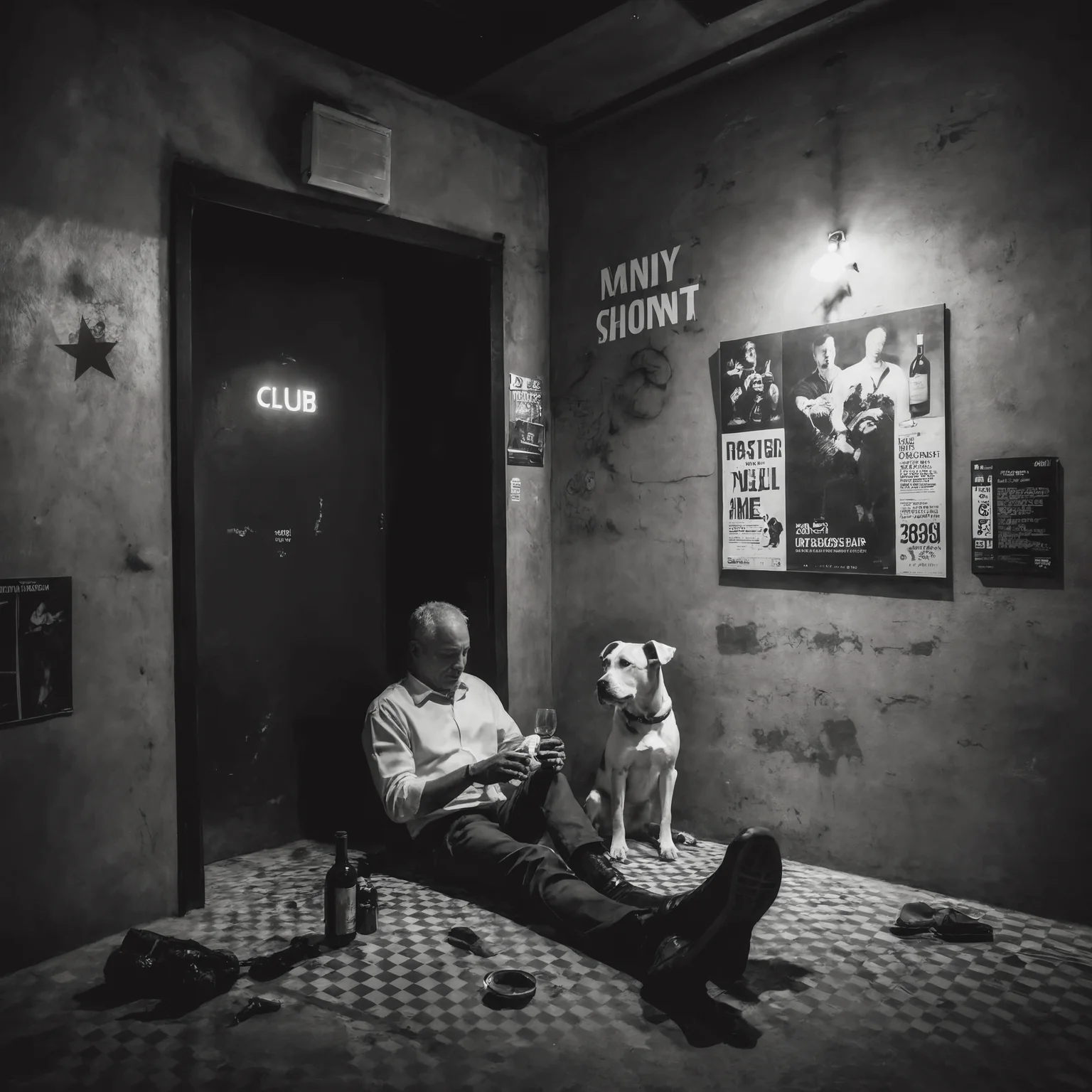 <lora:20240704-1720095833344:0.7>,underground club,( a dog beside the man:1.5),a man sitting in the corner drinking,some broken wine bottles on the ground beside the man,black and white contrast light,immersive atmosphere,star posters on the wall,at the door of the club,