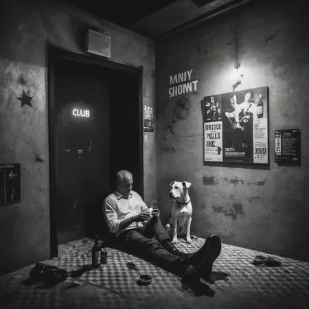 <lora:20240704-1720095833344:0.7>,underground club,( a dog beside the man:1.5),a man sitting in the corner drinking,some broken wine bottles on the ground beside the man,black and white contrast light,immersive atmosphere,star posters on the wall,at the door of the club,