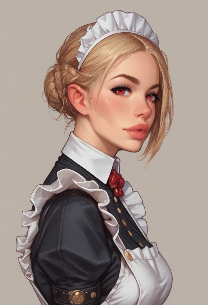 from front, (((side view))), 1girl, illustration, comic style, looking at viewer, highly detailed,
RosieTJ, 1girl, robot girl, metal body, red eyes, red buttons, wheels, white maid cap, white collar, white cuffs, white hip apron, black skirt, female
((full-clothed)), 
BREAK 
dynamic pose <lora:Cherry-Gig:0.55> ((((full-clothed)))), 
BREAK
((rest room background))) score_9, score_8_up, score_7_up, score_6_up, source_cartoon, rating_explicit, Expressiveh, (((((upper body))))), dynamic pose