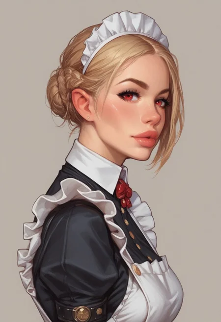 from front, (((side view))), 1girl, illustration, comic style, looking at viewer, highly detailed,
RosieTJ, 1girl, robot girl, metal body, red eyes, red buttons, wheels, white maid cap, white collar, white cuffs, white hip apron, black skirt, female
((full-clothed)),
BREAK
dynamic pose <lora:Cherry-Gig:0.55> ((((full-clothed)))),
BREAK
((rest room background))) score_9, score_8_up, score_7_up, score_6_up, source_cartoon, rating_explicit, Expressiveh, (((((upper body))))), dynamic pose