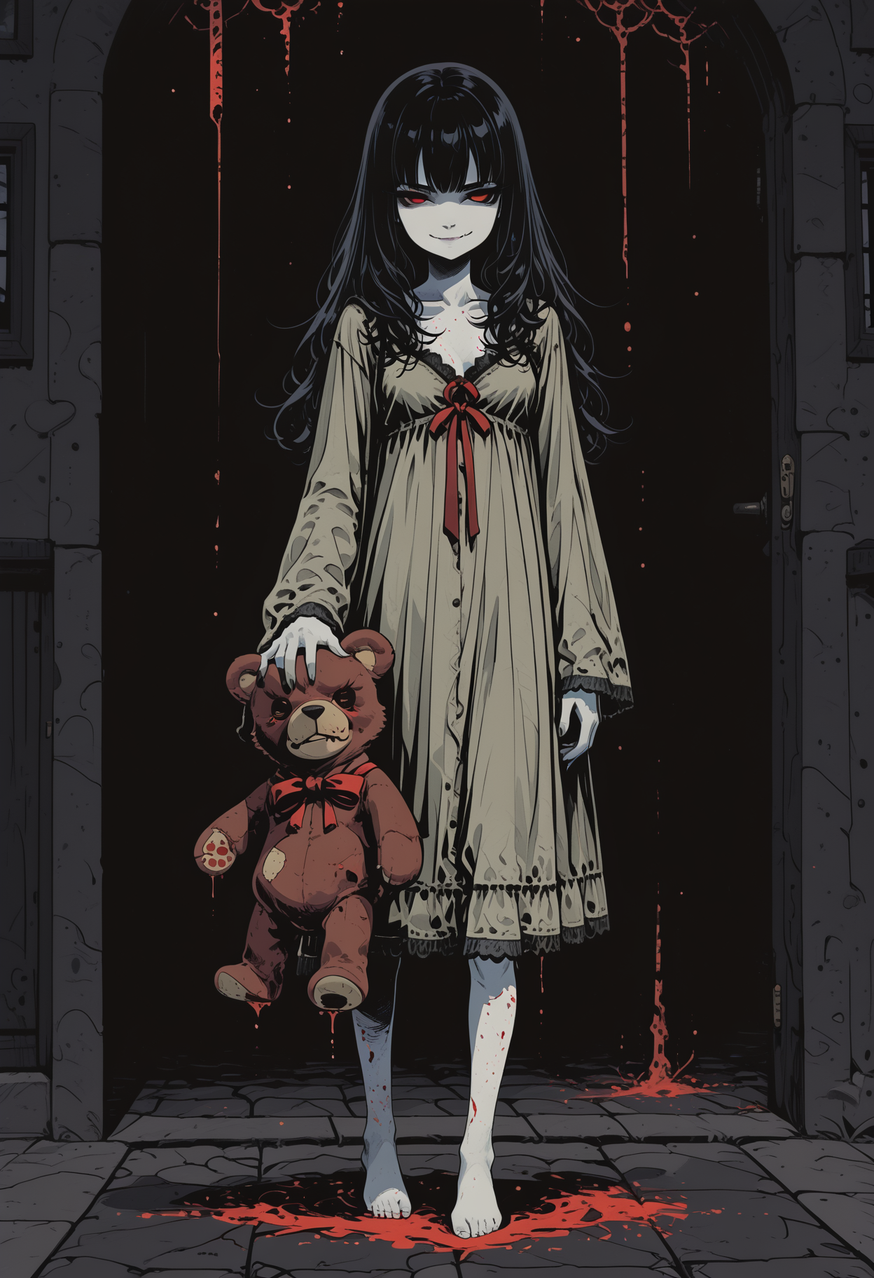 cute, anime, 1girl(black red eyes, evil smirk. fangs, white skin, long dark hair, expressionless, wearing a nightgown, holding a teddybear) standing in a dark old haunted house, glitch effects, blood rain
sinozick style, flat color, dark theme, in the style of cksc, illustration, masterpiece, (extremely detailed CG 8k), (very fine 8K CG), (ultra detailed perfect piece:1.2), lat color, no lineart,,(no lineart, flat art style:1.0), NO_LINE_ART, comical, simple,
 <lora:Sinozick_Style_XL_Pony:0.35> <lora:NOOB_vp1_detailer_by_volnovik_v1:1> <lora:ponyv6_noobV1_2_adamW:0.9> <lora:ck-shadow-circuit-IL:1>