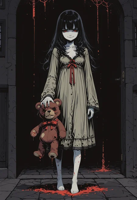 cute, anime, 1girl(black red eyes, evil smirk. fangs, white skin, long dark hair, expressionless, wearing a nightgown, holding a teddybear) standing in a dark old haunted house, glitch effects, blood rain
sinozick style, flat color, dark theme, in the style of cksc, illustration, masterpiece, (extremely detailed CG 8k), (very fine 8K CG), (ultra detailed perfect piece:1.2), lat color, no lineart,,(no lineart, flat art style:1.0), NO_LINE_ART, comical, simple,
<lora:Sinozick_Style_XL_Pony:0.35> <lora:NOOB_vp1_detailer_by_volnovik_v1:1> <lora:ponyv6_noobV1_2_adamW:0.9> <lora:ck-shadow-circuit-IL:1>