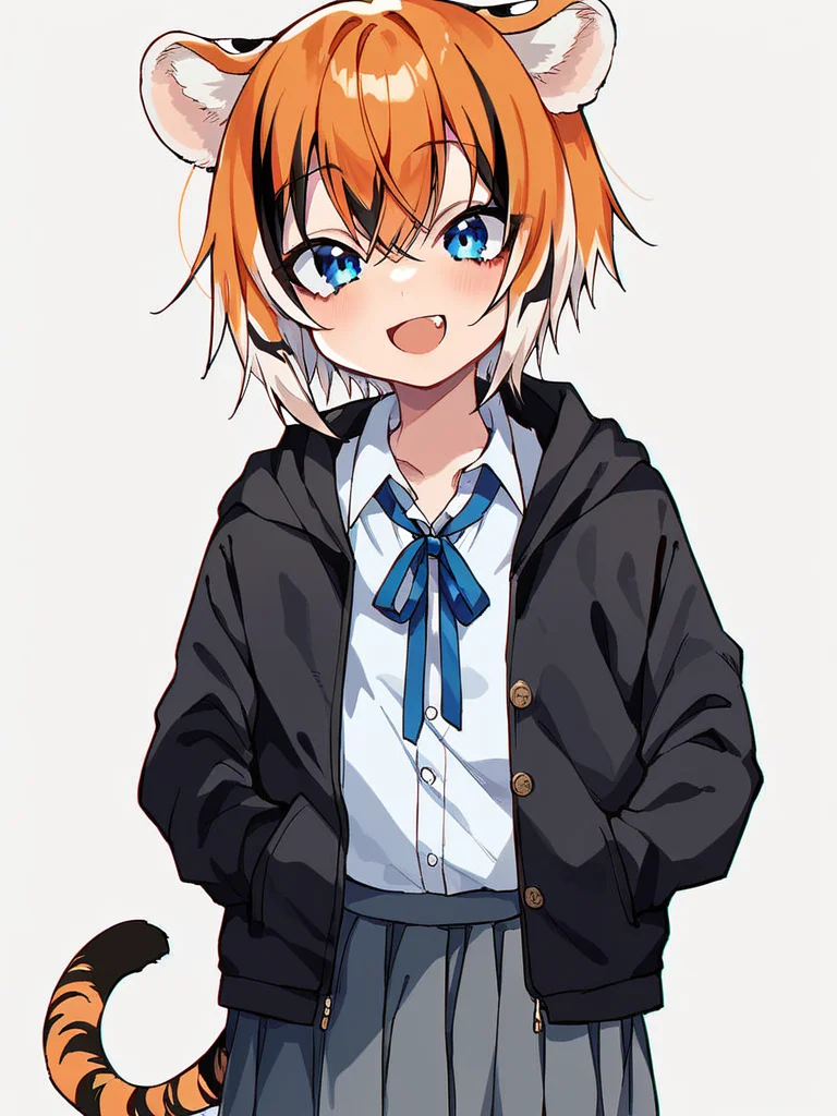 score_9, score_8_up, score_7_up,  
1girl, orange hair, black highlights, medium hair, tiger ears, tiger tail, tail, solo, smile, open mouth, fang, blue eyes, looking at viewer, school uniform, white shirt, neck ribbon, black hoodie, hands in pockets, open hoodie, grey skirt, pleated skirt, thighs, flat chest, white background,