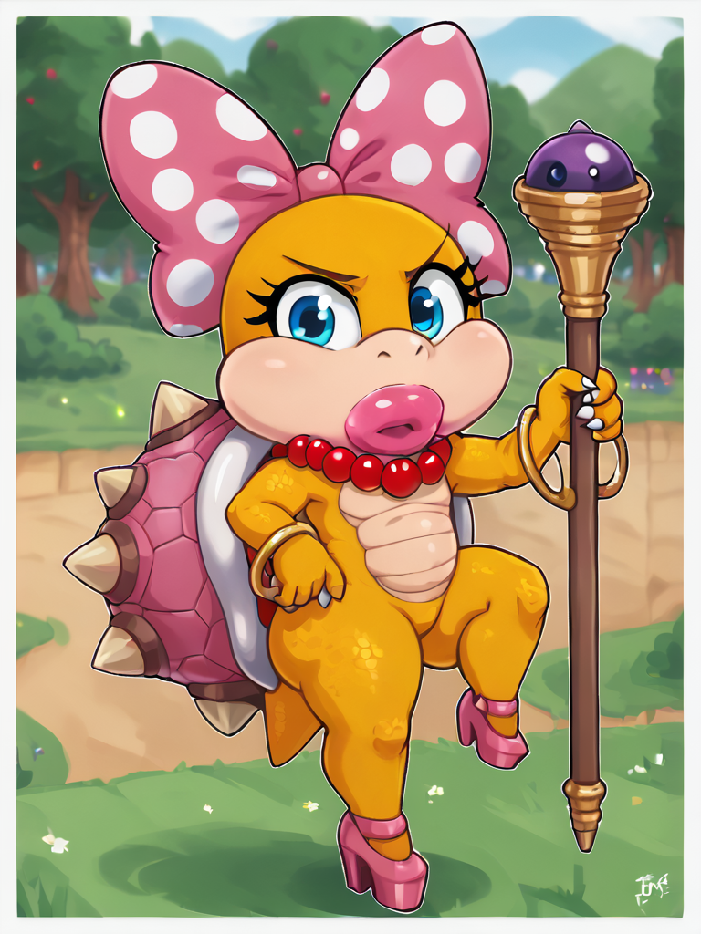 <lora:WendyKoopa1.0:1> wendykoopa,  yellow skin, pearl necklace, thick lips, polka dot bow, blue eyes, solo, staff, shortstack,high heels, cute,short , 1girl, furry female, spiked shell, tail, looking at viewer,<lora:Smooth Anime Style LoRA XL:1>