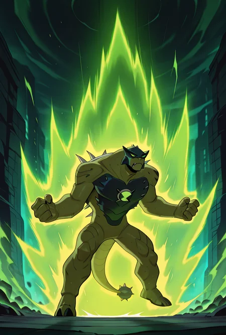 <lora:ulthum-09:1> ulthum, spikes, solo, no humans, green eyes, green skin,,  dynamic pose, cinematic, movie scene,  <lora:superSayianAura_v2_Illustrious_Mlaofmd:1> supersaiyanaura, power, aura, sharp aura, green aura,, masterpiece, best quality, amazing quality, very aesthetic, absurdres, newest,