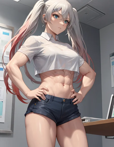 (extremely detailed CG unity 8k wallpaper),(masterpiece), (best quality), (ultra-detailed), (best illustration),(best shadow), cowboy shot, (office:1.4)
BREAK
white crop top, short shorts, short sleeves, twintails, arms at side, (muscular:1.4),
<lora:Muscle:1> <lora:LWMMG:.8>
