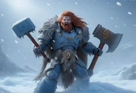 Space wolf, transforming into wolfman, werewolf, wulfen, armour breaking, slashing, turning, slashing, claws, gauntlets breaking, transform, battle, armor breaking, power armor, fur cloak, brown-red hair, beard, braids, mighty, gripping a power axe with a long handle which glows with blue runic energy along the cutting edge, snow, ice, blizzard, battlefield, leaping, glory, charging, fangs bared, swinging axe, high res, claws, fight horde, high def, best quality