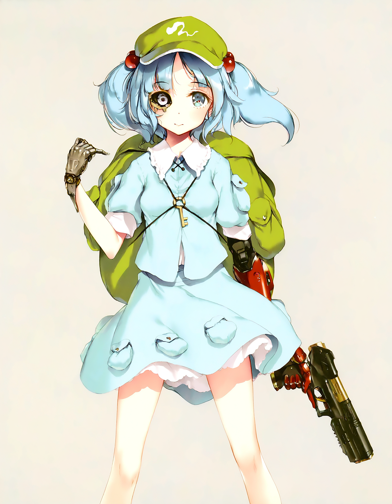 1girl, solo, kawashiro_nitori, blue dress, prosthetics, single mechanical hand, artificial eye, aged-up, m-76e omaha, holding gun, trigger discipline, tachi-e, standing, straight-on, simple background, best quality, masterpiece, ke-ta, <lora:OWN/pops_cyb_m-76e_omaha-v007.safetensors:1.0>