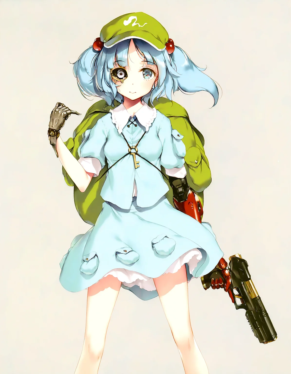 1girl, solo, kawashiro_nitori, blue dress, prosthetics, single mechanical hand, artificial eye, aged-up, m-76e omaha, holding gun, trigger discipline, tachi-e, standing, straight-on, simple background, best quality, masterpiece, ke-ta, <lora:OWN/pops_cyb_m-76e_omaha-v007.safetensors:1.0>