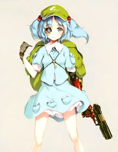 1girl, solo, kawashiro_nitori, blue dress, prosthetics, single mechanical hand, artificial eye, aged-up, m-76e omaha, holding gun, trigger discipline, tachi-e, standing, straight-on, simple background, best quality, masterpiece, ke-ta, <lora:OWN/pops_cyb_m-76e_omaha-v007.safetensors:1.0>