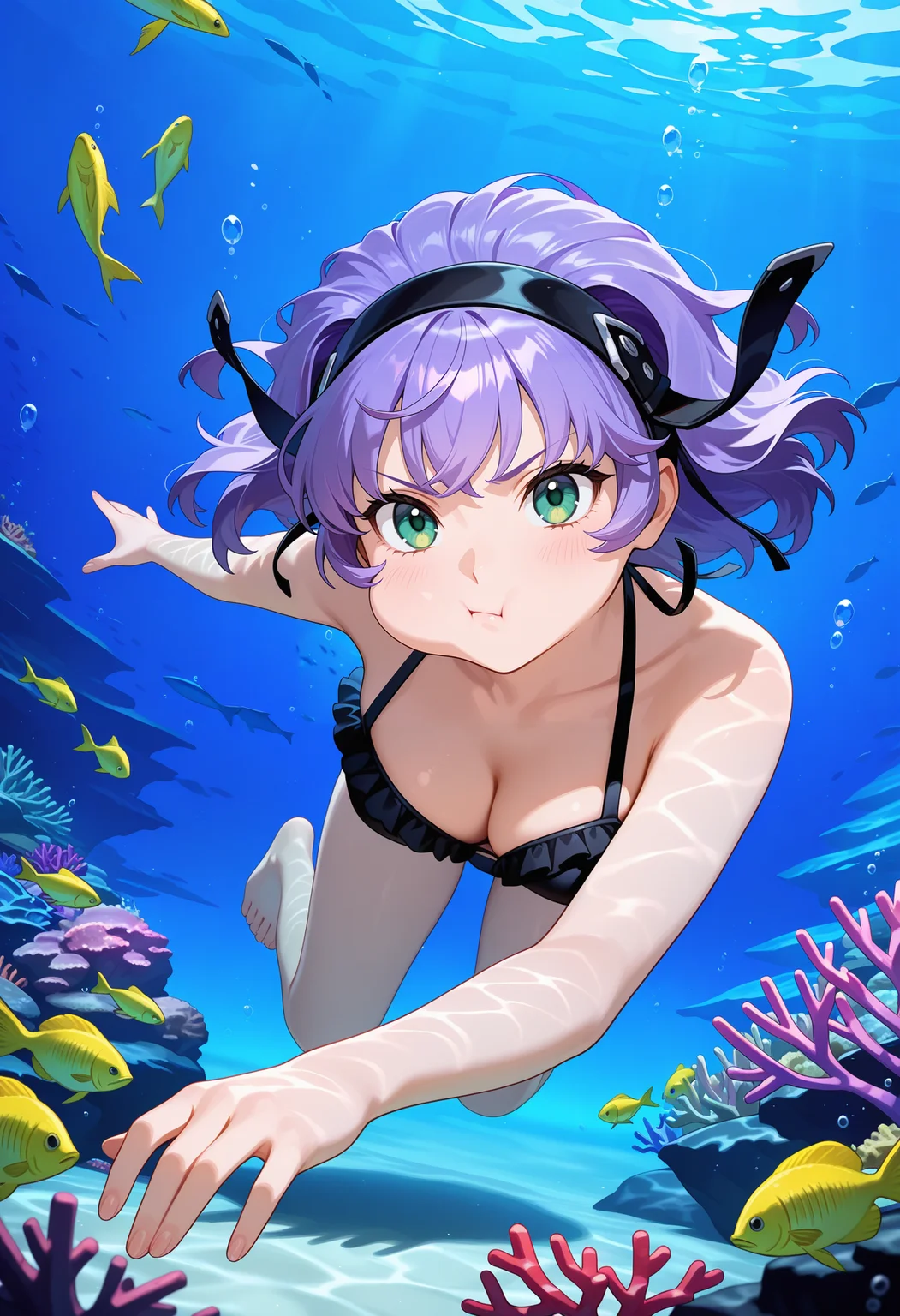best quality, masterpiece, 1girl, aaaqua, medium hair, purple hair, black hairband, green eyes, <lora:aqua_centolm_ilxl_v1:0.9>, underwater, swimming, fish, coral, full body, closed mouth, cheek bulge, frilled bikini,