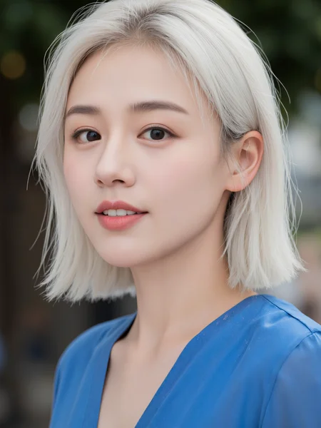 a woman, white hair, blue shirt, light smile, portrait, blurred background