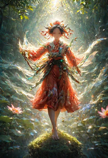 In the deep starry sky, there is a huge light blue lotus, as clear as crystal.
In the close view, white clouds are floating, cranes are dancing, and giant dragons are coiling around a continent.
A waterfall flows from the top of the lotus and lands on the mainland.
A young man from mainland China wears Hanfu and wields fireballs.
Under a fruit tree, a girl in red clothes with pointed fox-like ears trembled nine fox tails.