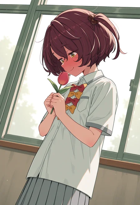masterpiece,best quality,amazing quality, intricate detail, 1girl, <lora:Komari_Illustrious:0.9> komari_chika, yellow_eyes, brown_hair, short_hair, one_side_up, flat_chest, school_uniform, white_shirt, collared_shirt, bow, pleated_skirt, grey_skirt, short_sleeves, looking down, full-face blush, happy, tulip in hand, detailed hands, dutch angle, clubroom, window, indoors, <lora:checkpoint-e18_s324:0.8> Overnoizz
