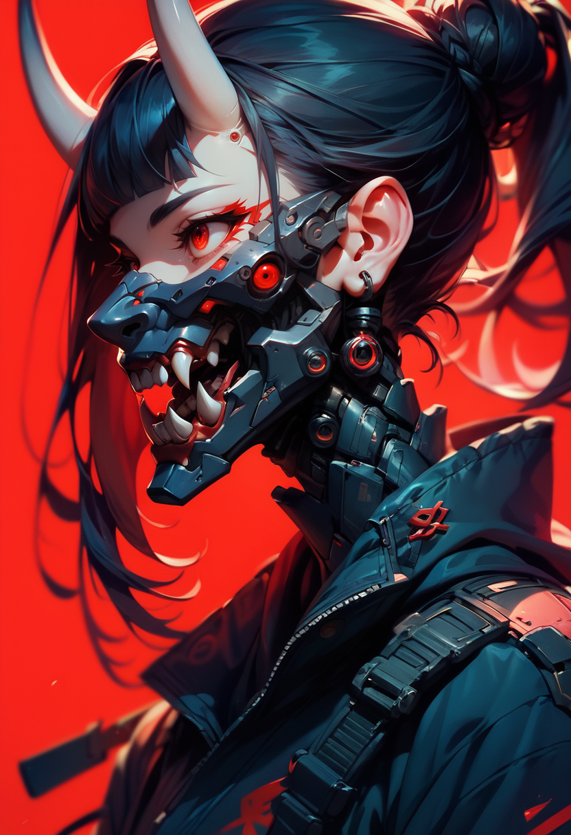 (score_9, score_8_up, score_7_up), zPDXL, 1girl, solo, long hair, bangs, simple background, black hair, blunt bangs, red eyes, jewelry, jacket, ponytail, earrings, horns, teeth, hair bun, from side, eyelashes, profile, mask, single hair bun, portrait, red background, spot color, oni horns, oni, mouth mask, cyborg, cyberpunk
<lora:BioPunky:0.8>
