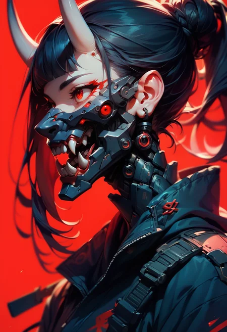 (score_9, score_8_up, score_7_up), zPDXL, 1girl, solo, long hair, bangs, simple background, black hair, blunt bangs, red eyes, jewelry, jacket, ponytail, earrings, horns, teeth, hair bun, from side, eyelashes, profile, mask, single hair bun, portrait, red background, spot color, oni horns, oni, mouth mask, cyborg, cyberpunk
<lora:BioPunky:0.8>