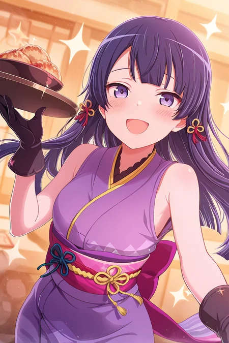 masterpiece, best quality, amazing quality,
 <lora:Tamao_IL:1> tamao, 1girl, gloves, solo, long hair, japanese clothes, hair ornament, tray, open mouth, smile, sleeveless, sash, purple eyes, kimono, looking at viewer, black gloves, purple kimono, holding tray, obi, holding, food, :d, bangs, sleeveless kimono, sparkle, blush
