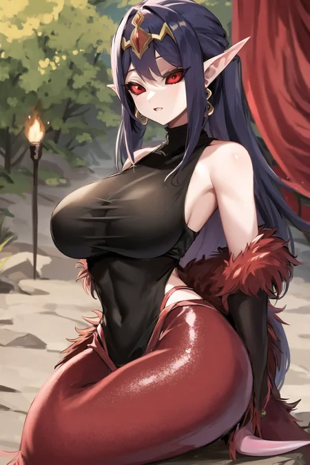 (solid eyes), colored sclera, red eyes, lamia, fur trim, tank top, forest, outdoors, <lora:Solid Eyes V6:0.6>, <lora:lamia_v01:0.6>