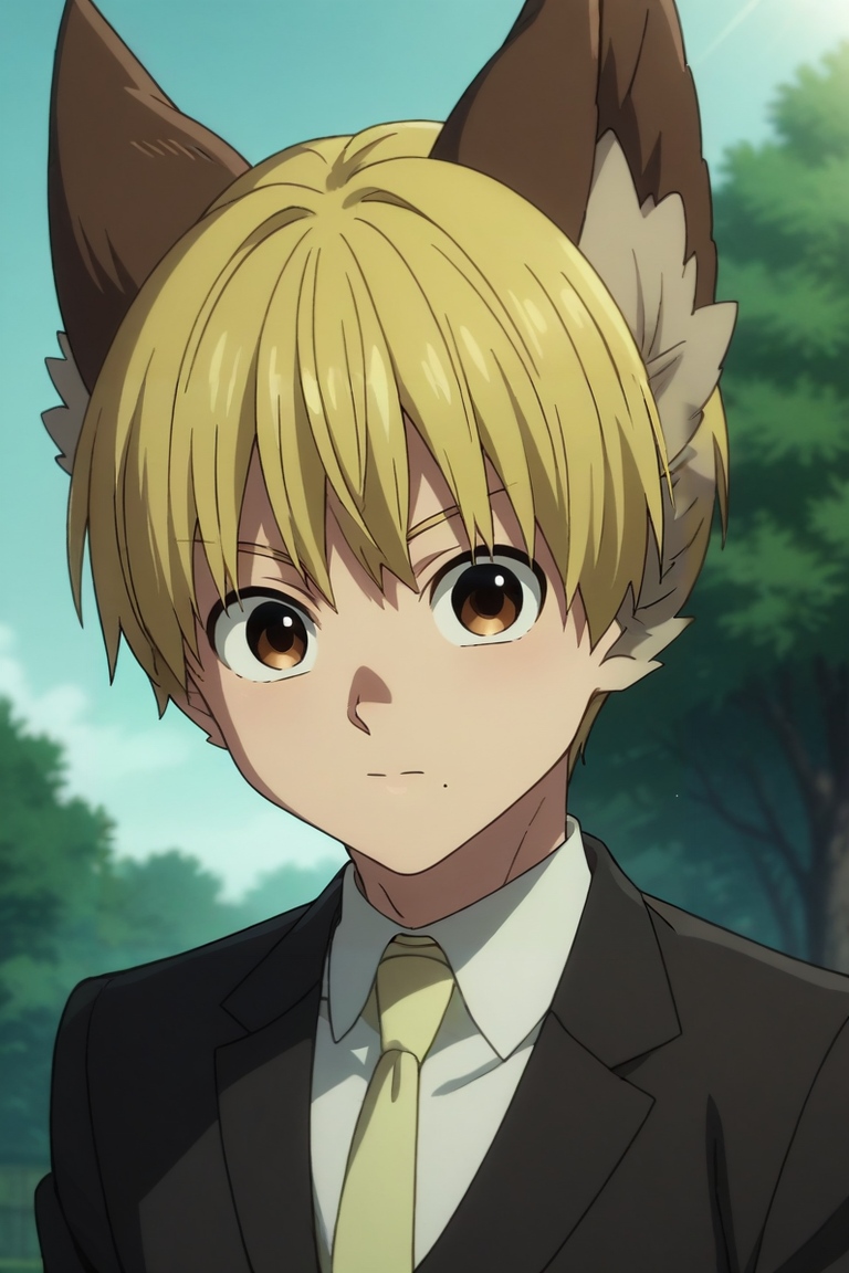 score_9, score_8_up, score_7_up, source_anime, rating_safe, intricate details, anime screencap, , official style, looking at viewer, , 1boy, solo, male focus, <lora:nobimaru_kemono_jihen_pony:0.84>, nobimaru_kemono_jihen, blonde hair, brown eyes, short hair, mole under mouth, animal ears, formal, suit, yellow necktie, , knight costume, <lora:sdxl_lightning_8step_lora:1>
