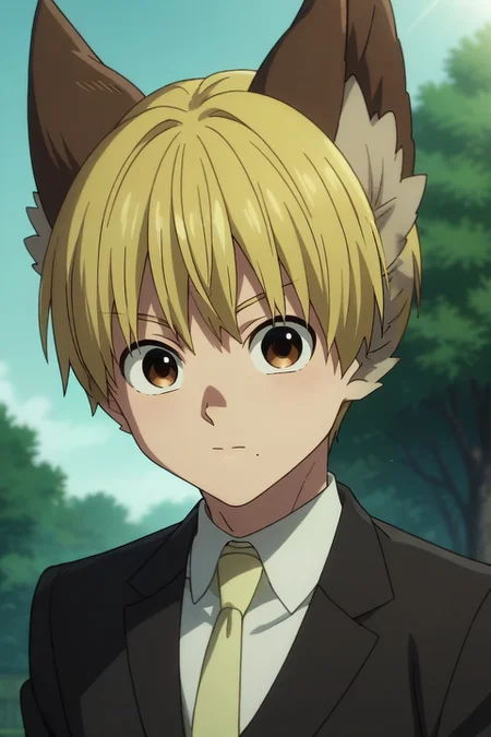 score_9, score_8_up, score_7_up, source_anime, rating_safe, intricate details, anime screencap, , official style, looking at viewer, , 1boy, solo, male focus, <lora:nobimaru_kemono_jihen_pony:0.84>, nobimaru_kemono_jihen, blonde hair, brown eyes, short hair, mole under mouth, animal ears, formal, suit, yellow necktie, , knight costume, <lora:sdxl_lightning_8step_lora:1>