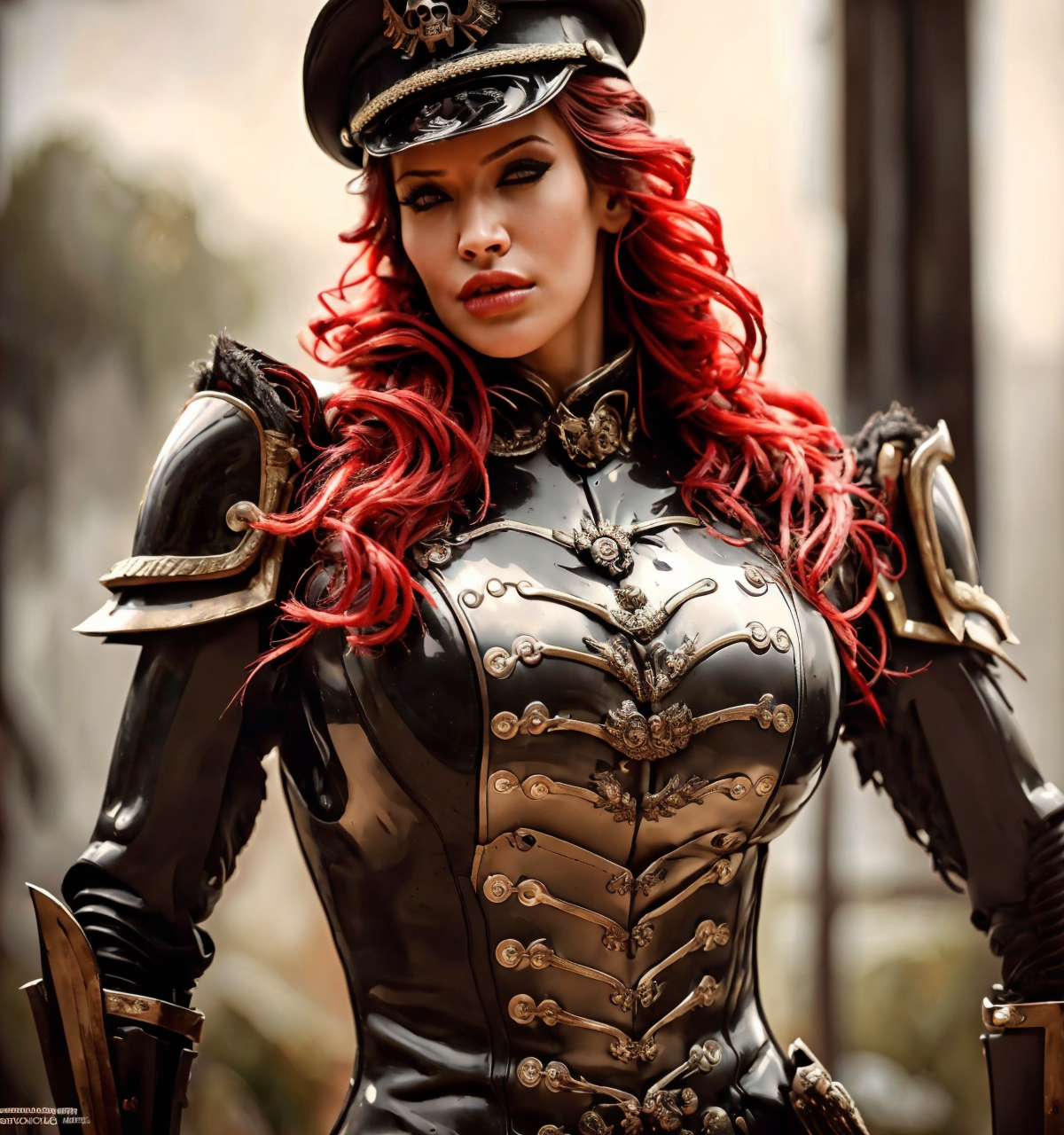 RAW photo, (masterpiece:1.3), subsurface scattering, heavy shadow, (high quality:1.4), (intricate, high detail:1.2), professional photography, HDR, High Dynamic Range, realistic, ultra realistic, photorealistic, high resolution, film photography, ambient lighting, atmospheric effects, <lora:detail_slider_v4:2>, OverallDetail, BiancaB, <lora:BiancaB:1>, red curly hair, as a Warhammer commissar, armor, dark black military uniform, skulls, peaked cap, femun, upper body shot, <lora:FemaleUniform:0.75>, epiCPhoto