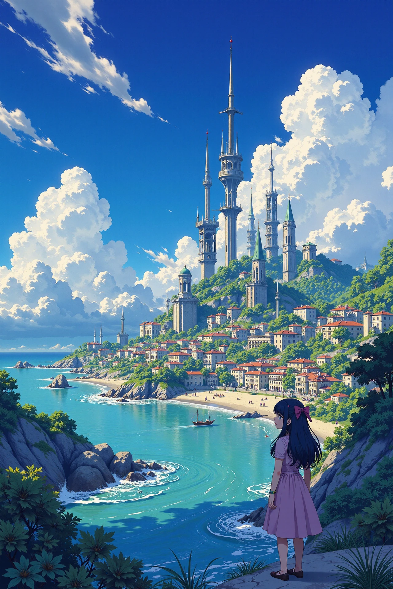 sea city beautiful  landscape, noon, woman, very intricate, very detailed, sharp, bright, colorful, <lora:Hand v2:0.5> <lora:Anti-Blur:1><lora:Insane Detail Slider:0.25>  <lora:flux.1_lora_flyway_Epic-detail_v2:0.3> <lora:fluxenhancer:0.25> <lora:ROWER:0.8> <lora:Anime art - Variant 3:0.6> Anime art