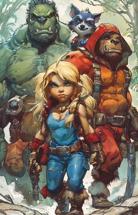 masterpiece,best quality,<lora:tbh297-sdxl:0.9>,illustration,style of Joe Madureira portrait of family