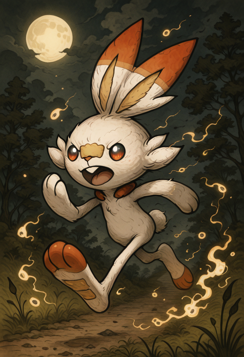 masterpiece, best quality,     y0k4i, <lora:YokaiPokedex_IXL:1.0>,   zzScorbunny, white fur, orange ears, red eyes, running, glowing grass, nighttime, moonlight, speed lines, magical glow, bioluminescent forest â Under a moonlit sky, Scorbunny darts through a bioluminescent forest, each footstep triggering pulses of blue and green light across the glowing grass. His sleek form blurs into motion, eyes locked ahead as if chasing a dream. The night bends around his speed, moonlight cascading off his white fur as streaks of color paint the darkness. ,<lora:ScorbunnyPokedex_IXL:0.8>,