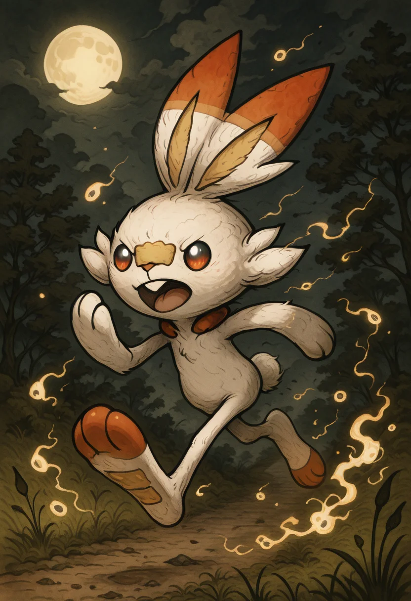 masterpiece, best quality,     y0k4i, <lora:YokaiPokedex_IXL:1.0>,   zzScorbunny, white fur, orange ears, red eyes, running, glowing grass, nighttime, moonlight, speed lines, magical glow, bioluminescent forest â Under a moonlit sky, Scorbunny darts through a bioluminescent forest, each footstep triggering pulses of blue and green light across the glowing grass. His sleek form blurs into motion, eyes locked ahead as if chasing a dream. The night bends around his speed, moonlight cascading off his white fur as streaks of color paint the darkness. ,<lora:ScorbunnyPokedex_IXL:0.8>,