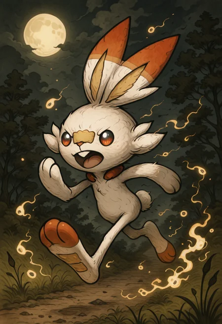 masterpiece, best quality,     y0k4i, <lora:YokaiPokedex_IXL:1.0>,   zzScorbunny, white fur, orange ears, red eyes, running, glowing grass, nighttime, moonlight, speed lines, magical glow, bioluminescent forest â Under a moonlit sky, Scorbunny darts through a bioluminescent forest, each footstep triggering pulses of blue and green light across the glowing grass. His sleek form blurs into motion, eyes locked ahead as if chasing a dream. The night bends around his speed, moonlight cascading off his white fur as streaks of color paint the darkness. ,<lora:ScorbunnyPokedex_IXL:0.8>,