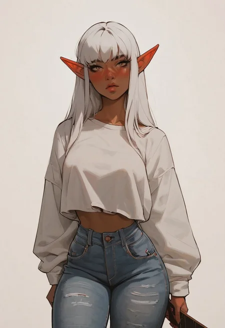 score_9, score_8_up, score_8_up, elf, 1 elf girl, white hair, bangs, photoshoot with skateboard, posing cute, posing sexy, nsfw, portrait, tanned skin, ((oversized jeans, loose oversized skater shirt)), shy, blushing, teardrop shaped tits, thick thighs, fit body,thin waists, from waist up, beautiful, studio lighting, negative_hand, g0thicPXL, GTA